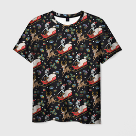 Мужская футболка 3D с принтом Рик и Морти сани с оленем в Санкт-Петербурге, 100% полиэфир | прямой крой, круглый вырез горловины, длина до линии бедер | 