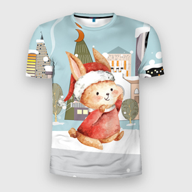 Мужская футболка 3D Slim с принтом Зайчик на фоне новогоднего города в Белгороде, 100% полиэстер с улучшенными характеристиками | приталенный силуэт, круглая горловина, широкие плечи, сужается к линии бедра | Тематика изображения на принте: 
