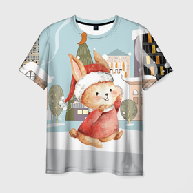 Мужская футболка 3D с принтом Зайчик на фоне новогоднего города в Белгороде, 100% полиэфир | прямой крой, круглый вырез горловины, длина до линии бедер | Тематика изображения на принте: 