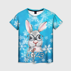 Женская футболка 3D с принтом Кролик в очках 2023 в Екатеринбурге, 100% полиэфир ( синтетическое хлопкоподобное полотно) | прямой крой, круглый вырез горловины, длина до линии бедер | 