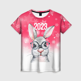 Женская футболка 3D с принтом 2023 год   кролик в очках в Белгороде, 100% полиэфир ( синтетическое хлопкоподобное полотно) | прямой крой, круглый вырез горловины, длина до линии бедер | 