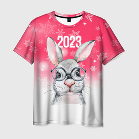 Мужская футболка 3D с принтом 2023 год   кролик в очках в Кировске, 100% полиэфир | прямой крой, круглый вырез горловины, длина до линии бедер | 