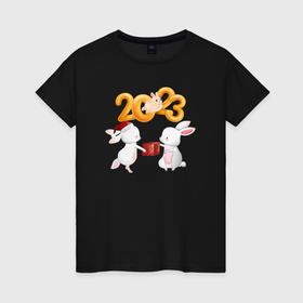 Женская футболка хлопок с принтом Зайчики с подарком    2023 в Петрозаводске, 100% хлопок | прямой крой, круглый вырез горловины, длина до линии бедер, слегка спущенное плечо | 
