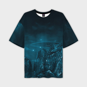 Мужская футболка OVERSIZE 3D с принтом Синий космос, горы и нло в Новосибирске,  |  | Тематика изображения на принте: 