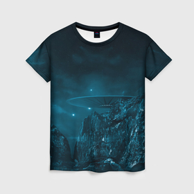 Женская футболка 3D с принтом Синий космос, горы и нло в Екатеринбурге, 100% полиэфир ( синтетическое хлопкоподобное полотно) | прямой крой, круглый вырез горловины, длина до линии бедер | 