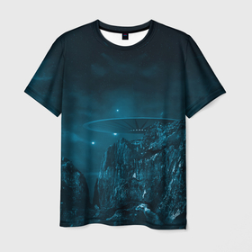 Мужская футболка 3D с принтом Синий космос, горы и нло в Новосибирске, 100% полиэфир | прямой крой, круглый вырез горловины, длина до линии бедер | Тематика изображения на принте: 