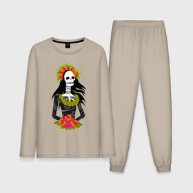 Мужская пижама хлопок (с лонгсливом) с принтом Девушка скелет муэрте в Тюмени,  |  | Тематика изображения на принте: 