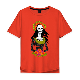Мужская футболка хлопок Oversize с принтом Девушка скелет муэрте в Курске, 100% хлопок | свободный крой, круглый ворот, “спинка” длиннее передней части | 