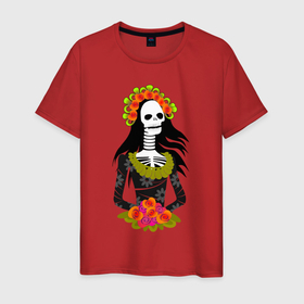 Мужская футболка хлопок с принтом Девушка скелет муэрте в Тюмени, 100% хлопок | прямой крой, круглый вырез горловины, длина до линии бедер, слегка спущенное плечо. | Тематика изображения на принте: 