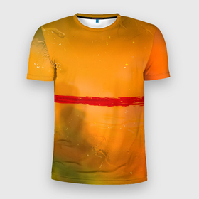 Мужская футболка 3D Slim с принтом Оранжевый туман и красная краска в Екатеринбурге, 100% полиэстер с улучшенными характеристиками | приталенный силуэт, круглая горловина, широкие плечи, сужается к линии бедра | 