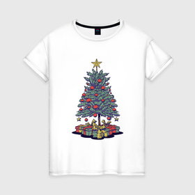 Женская футболка хлопок с принтом Новогодняя елка с подарками в Петрозаводске, 100% хлопок | прямой крой, круглый вырез горловины, длина до линии бедер, слегка спущенное плечо | 