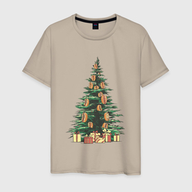 Мужская футболка хлопок с принтом Новогодняя елка с хот догами , 100% хлопок | прямой крой, круглый вырез горловины, длина до линии бедер, слегка спущенное плечо. | 