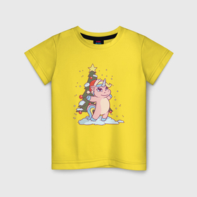 Детская футболка хлопок с принтом Новогодняя елка и розовый единорог в Тюмени, 100% хлопок | круглый вырез горловины, полуприлегающий силуэт, длина до линии бедер | Тематика изображения на принте: 
