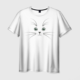 Мужская футболка 3D с принтом Мордочка кота в Курске, 100% полиэфир | прямой крой, круглый вырез горловины, длина до линии бедер | 