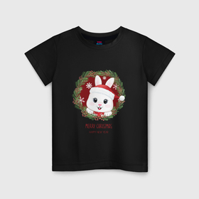 Детская футболка хлопок с принтом Кролик в новогоднем венке в Екатеринбурге, 100% хлопок | круглый вырез горловины, полуприлегающий силуэт, длина до линии бедер | 