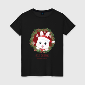 Женская футболка хлопок с принтом Кролик в новогоднем венке в Тюмени, 100% хлопок | прямой крой, круглый вырез горловины, длина до линии бедер, слегка спущенное плечо | 