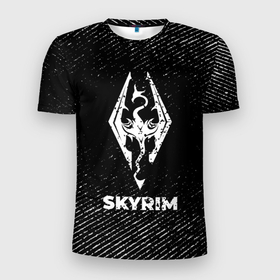Мужская футболка 3D Slim с принтом Skyrim с потертостями на темном фоне в Петрозаводске, 100% полиэстер с улучшенными характеристиками | приталенный силуэт, круглая горловина, широкие плечи, сужается к линии бедра | 