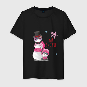 Мужская футболка хлопок с принтом Снеговик и панды в Тюмени, 100% хлопок | прямой крой, круглый вырез горловины, длина до линии бедер, слегка спущенное плечо. | 