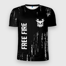 Мужская футболка 3D Slim с принтом Free Fire glitch на темном фоне: надпись, символ в Курске, 100% полиэстер с улучшенными характеристиками | приталенный силуэт, круглая горловина, широкие плечи, сужается к линии бедра | 