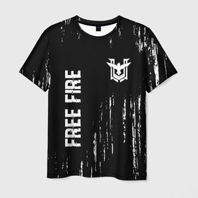 Мужская футболка 3D с принтом Free Fire glitch на темном фоне: надпись, символ в Курске, 100% полиэфир | прямой крой, круглый вырез горловины, длина до линии бедер | Тематика изображения на принте: 