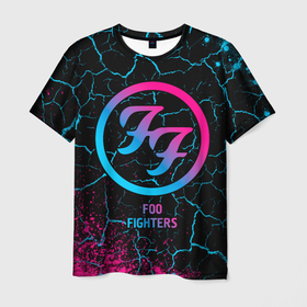 Мужская футболка 3D с принтом Foo Fighters   neon gradient в Тюмени, 100% полиэфир | прямой крой, круглый вырез горловины, длина до линии бедер | 