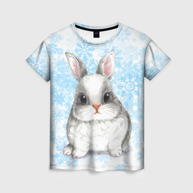 Женская футболка 3D с принтом Белый кролик и снежинки в Екатеринбурге, 100% полиэфир ( синтетическое хлопкоподобное полотно) | прямой крой, круглый вырез горловины, длина до линии бедер | 