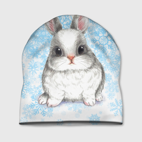 Шапка 3D с принтом Белый кролик и снежинки в Курске, 100% полиэстер | универсальный размер, печать по всей поверхности изделия | 