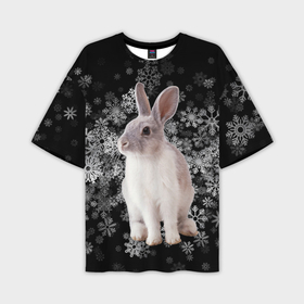 Мужская футболка OVERSIZE 3D с принтом Кролик и пушистые снежинки в Петрозаводске,  |  | Тематика изображения на принте: 