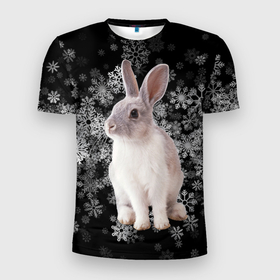 Мужская футболка 3D Slim с принтом Кролик и пушистые снежинки в Белгороде, 100% полиэстер с улучшенными характеристиками | приталенный силуэт, круглая горловина, широкие плечи, сужается к линии бедра | 
