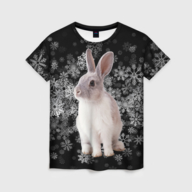 Женская футболка 3D с принтом Кролик и пушистые снежинки в Новосибирске, 100% полиэфир ( синтетическое хлопкоподобное полотно) | прямой крой, круглый вырез горловины, длина до линии бедер | 