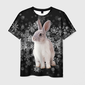 Мужская футболка 3D с принтом Кролик и пушистые снежинки в Петрозаводске, 100% полиэфир | прямой крой, круглый вырез горловины, длина до линии бедер | Тематика изображения на принте: 
