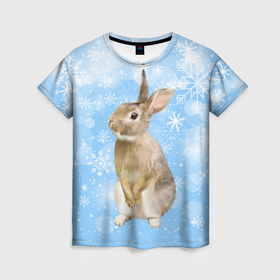 Женская футболка 3D с принтом Кролик и снежинки в Белгороде, 100% полиэфир ( синтетическое хлопкоподобное полотно) | прямой крой, круглый вырез горловины, длина до линии бедер | 