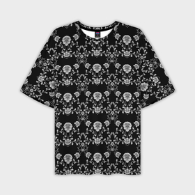 Мужская футболка OVERSIZE 3D с принтом Черно белый цветочный полосатый ретро узор в Тюмени,  |  | Тематика изображения на принте: 