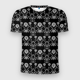 Мужская футболка 3D Slim с принтом Черно белый цветочный полосатый ретро узор в Санкт-Петербурге, 100% полиэстер с улучшенными характеристиками | приталенный силуэт, круглая горловина, широкие плечи, сужается к линии бедра | Тематика изображения на принте: 