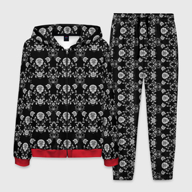Мужской костюм 3D с принтом Черно белый цветочный полосатый ретро узор в Белгороде, 100% полиэстер | Манжеты и пояс оформлены тканевой резинкой, двухслойный капюшон со шнурком для регулировки, карманы спереди | 