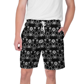 Мужские шорты 3D с принтом Черно белый цветочный полосатый ретро узор в Белгороде,  полиэстер 100% | прямой крой, два кармана без застежек по бокам. Мягкая трикотажная резинка на поясе, внутри которой широкие завязки. Длина чуть выше колен | 