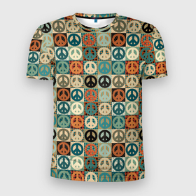 Мужская футболка 3D Slim с принтом Peace symbol pattern в Петрозаводске, 100% полиэстер с улучшенными характеристиками | приталенный силуэт, круглая горловина, широкие плечи, сужается к линии бедра | Тематика изображения на принте: 