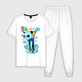 Мужская пижама хлопок с принтом Высокая панда в Санкт-Петербурге, 100% хлопок | брюки и футболка прямого кроя, без карманов, на брюках мягкая резинка на поясе и по низу штанин
 | 