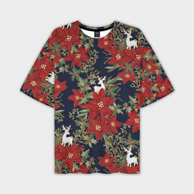 Мужская футболка OVERSIZE 3D с принтом Новый год 2023 красные цветы и олени в Екатеринбурге,  |  | 