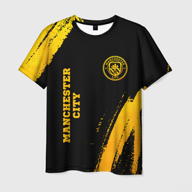 Мужская футболка 3D с принтом Manchester City   gold gradient: надпись, символ в Тюмени, 100% полиэфир | прямой крой, круглый вырез горловины, длина до линии бедер | Тематика изображения на принте: 