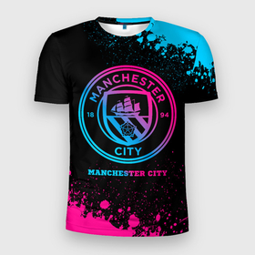 Мужская футболка 3D Slim с принтом Manchester City   neon gradient в Тюмени, 100% полиэстер с улучшенными характеристиками | приталенный силуэт, круглая горловина, широкие плечи, сужается к линии бедра | Тематика изображения на принте: 