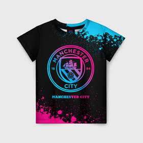 Детская футболка 3D с принтом Manchester City   neon gradient в Петрозаводске, 100% гипоаллергенный полиэфир | прямой крой, круглый вырез горловины, длина до линии бедер, чуть спущенное плечо, ткань немного тянется | Тематика изображения на принте: 