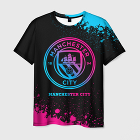 Мужская футболка 3D с принтом Manchester City   neon gradient в Тюмени, 100% полиэфир | прямой крой, круглый вырез горловины, длина до линии бедер | Тематика изображения на принте: 