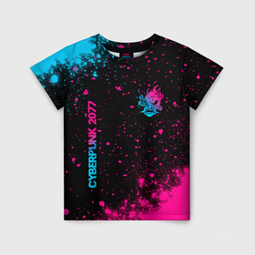 Детская футболка 3D с принтом Cyberpunk 2077   neon gradient: надпись, символ в Белгороде, 100% гипоаллергенный полиэфир | прямой крой, круглый вырез горловины, длина до линии бедер, чуть спущенное плечо, ткань немного тянется | 