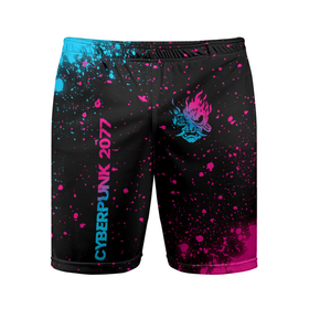 Мужские шорты спортивные с принтом Cyberpunk 2077   neon gradient: надпись, символ ,  |  | 