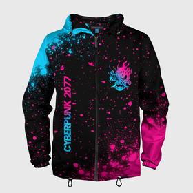 Мужская ветровка 3D с принтом Cyberpunk 2077   neon gradient: надпись, символ в Екатеринбурге, 100% полиэстер | подол и капюшон оформлены резинкой с фиксаторами, два кармана без застежек по бокам, один потайной карман на груди | 