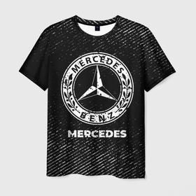 Мужская футболка 3D с принтом Mercedes с потертостями на темном фоне в городе Новоалтайск, 100% полиэфир | прямой крой, круглый вырез горловины, длина до линии бедер | Тематика изображения на принте: 