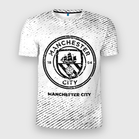 Мужская футболка 3D Slim с принтом Manchester City с потертостями на светлом фоне в Тюмени, 100% полиэстер с улучшенными характеристиками | приталенный силуэт, круглая горловина, широкие плечи, сужается к линии бедра | Тематика изображения на принте: 