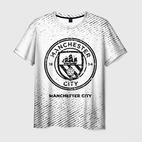 Мужская футболка 3D с принтом Manchester City с потертостями на светлом фоне в Тюмени, 100% полиэфир | прямой крой, круглый вырез горловины, длина до линии бедер | Тематика изображения на принте: 