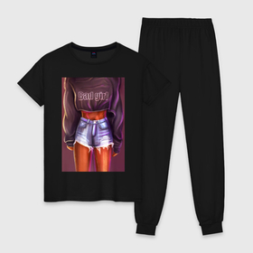 Женская пижама хлопок с принтом Bad girl illustration в Санкт-Петербурге, 100% хлопок | брюки и футболка прямого кроя, без карманов, на брюках мягкая резинка на поясе и по низу штанин | 
